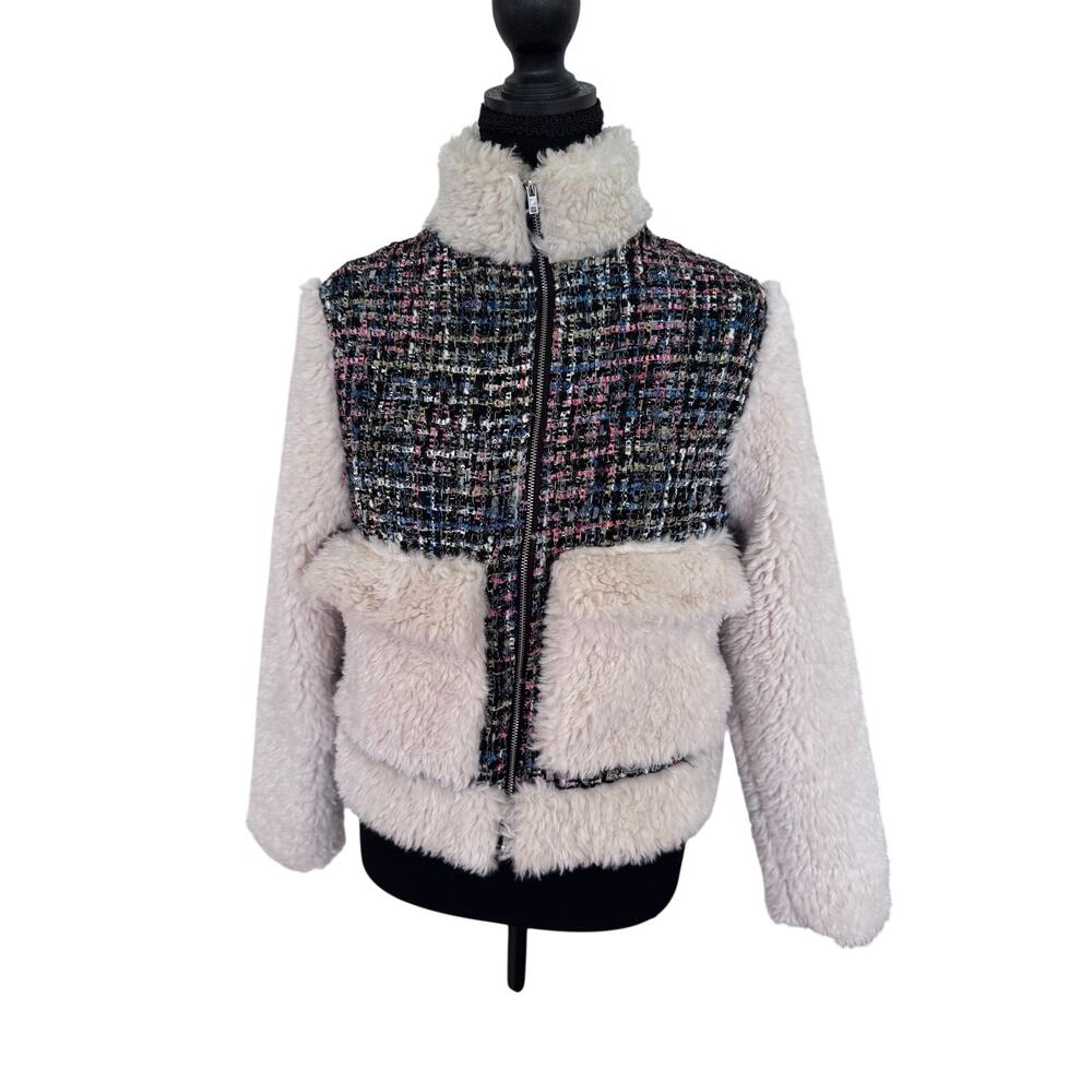 Kendall & Kylie Womens Sherpa Teddy Jacket Tweed Boucle Zip Up Cream Black Pink